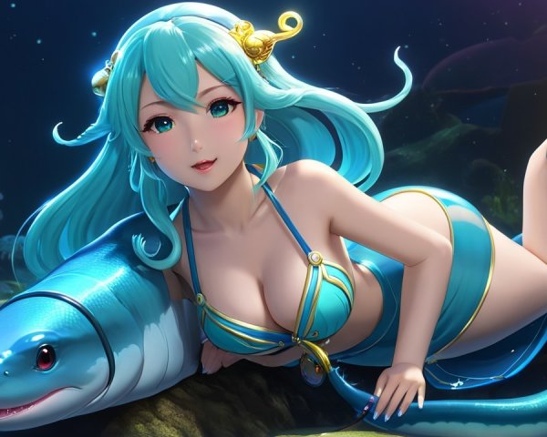 Underwater Scene with Mermaid and Friendly Eel