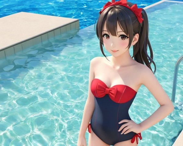Character by a Shimmering Blue Pool in Stylish Swimsuit