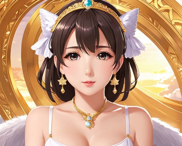 Regal figure with wings and sunset backdrop