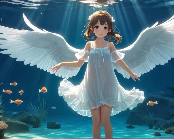 Underwater Scene with Angelic Wings and Colorful Fish