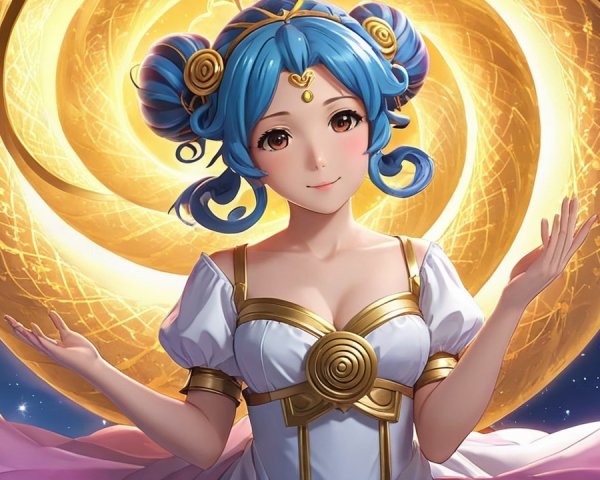 Celestial Figure with Blue Hair and Golden Spiral