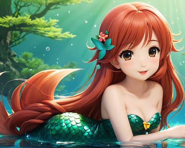 Anime-style mermaid in tranquil underwater scene