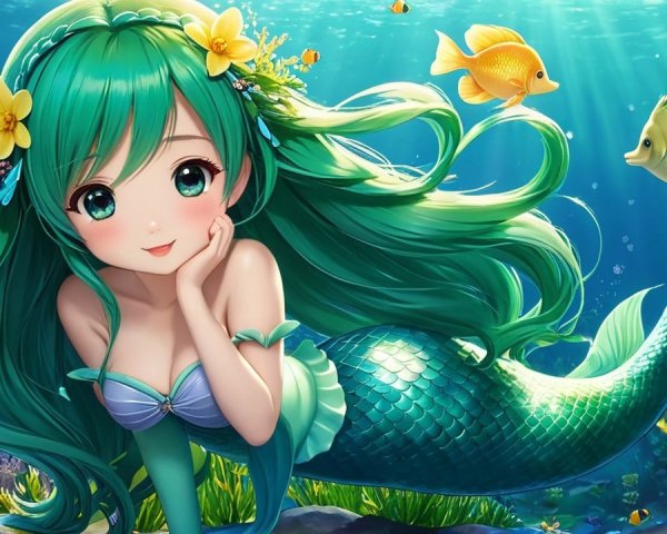 Vibrant Underwater Scene with Cheerful Mermaid