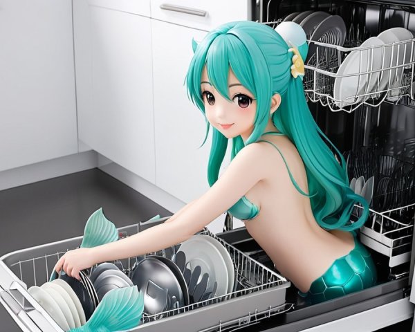 Whimsical Mermaid in Dishwasher in Modern Kitchen