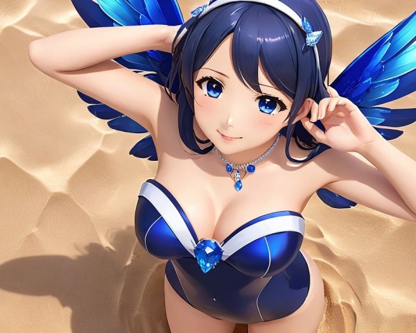 Vibrant anime character with blue wings on beach