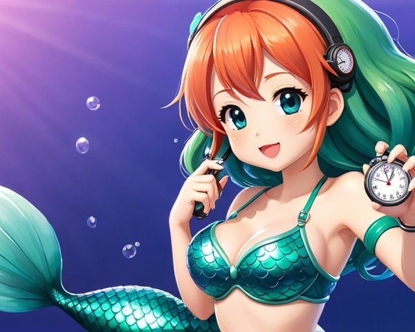 Vibrant animated mermaid with orange hair and bubbles