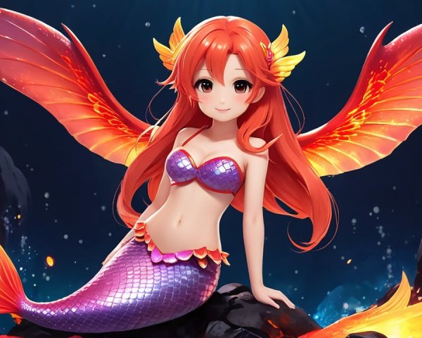 Mermaid with Red Hair and Enchanting Wings in Ocean
