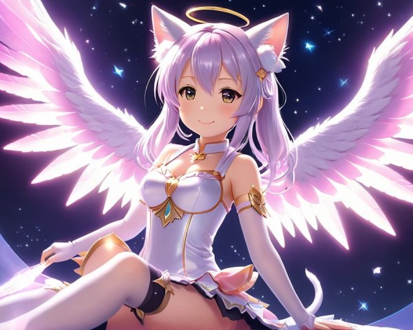 Celestial Character with Cat Ears and Angelic Wings