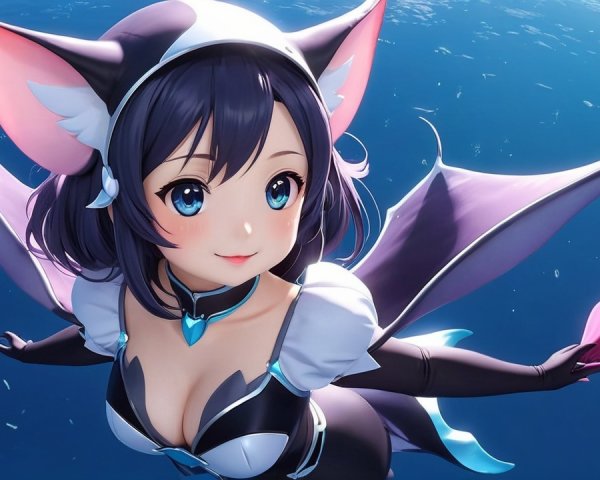 Whimsical Anime Character Soaring Over Vibrant Ocean