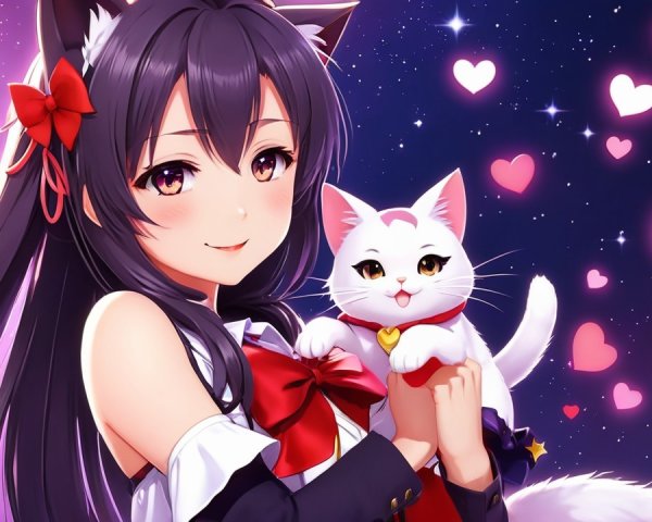 Playful scene of a woman with cat ears and a cat