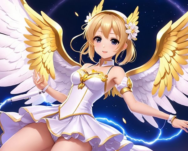 Ethereal Character with Angelic Wings and Cosmic Background