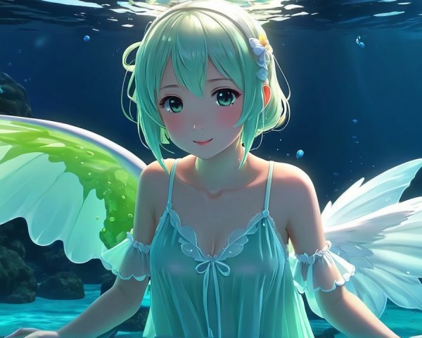 Underwater Scene with Girl, Coral, and Fish