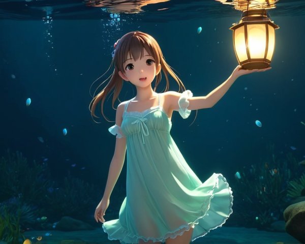 Young girl in green dress underwater with lantern and fish