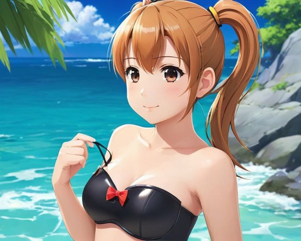 Cheerful anime character in stylish bikini by ocean
