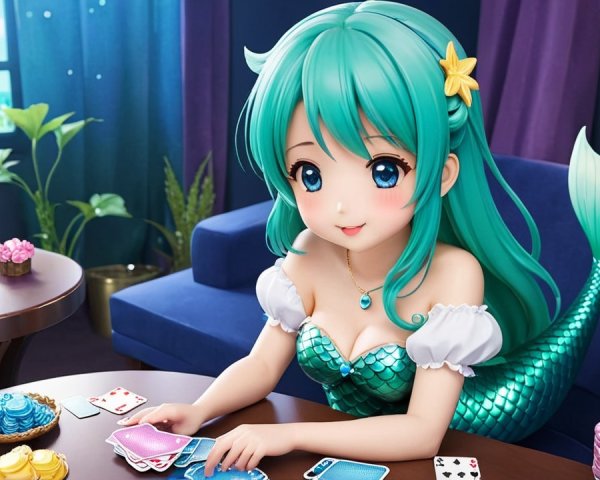 Mermaid Girl at Cozy Card Game Table by the Ocean