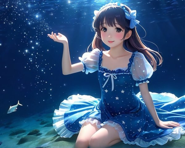 Young girl in blue dress sitting underwater with fish