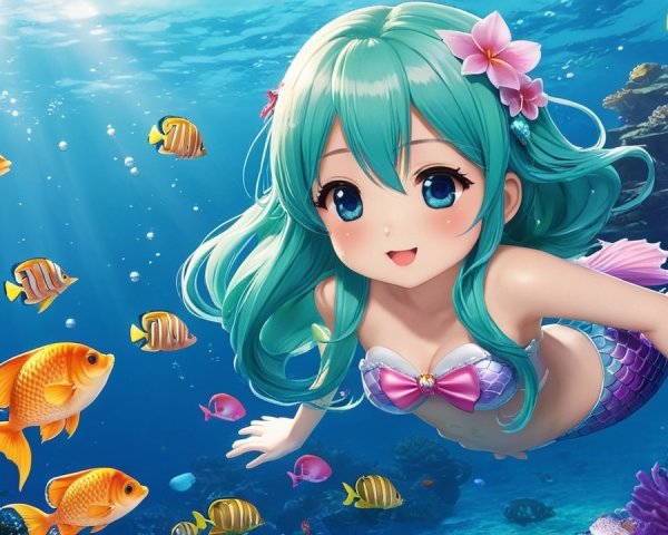 Cheerful underwater scene with a cute mermaid