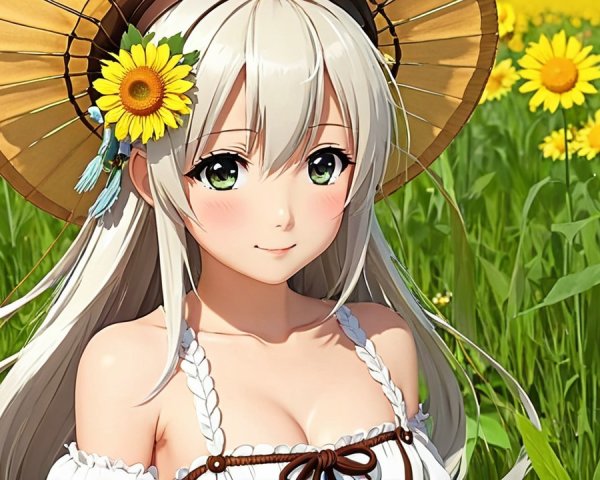 Young woman in sunflower field with straw hat