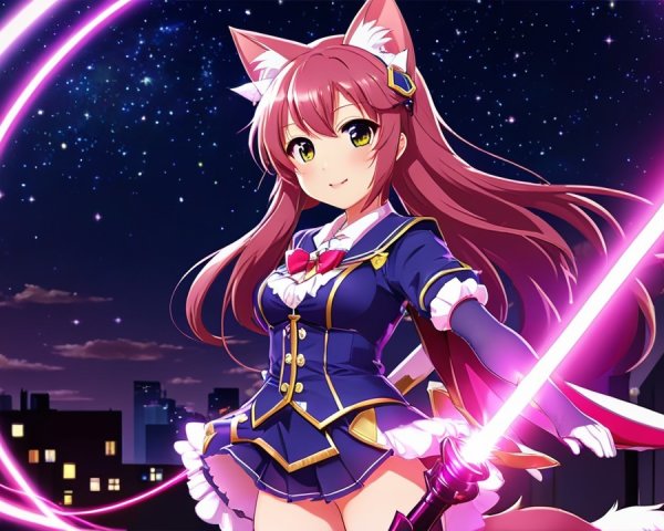 Anime Character with Fox Ears and Glowing Sword