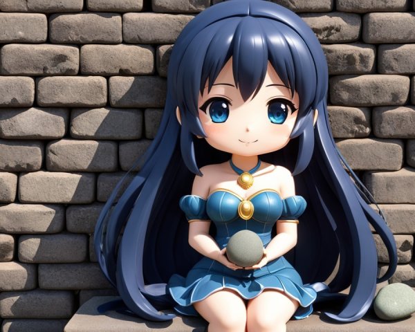 Chibi Character with Blue Hair by Stone Wall
