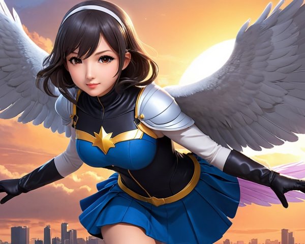 Female superhero with white wings at sunset