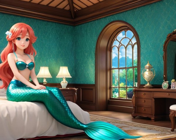 Mermaid in Bright Room with Turquoise Wallpaper
