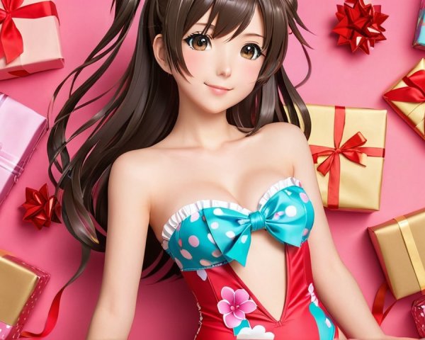 Young woman in floral swimsuit with colorful gifts