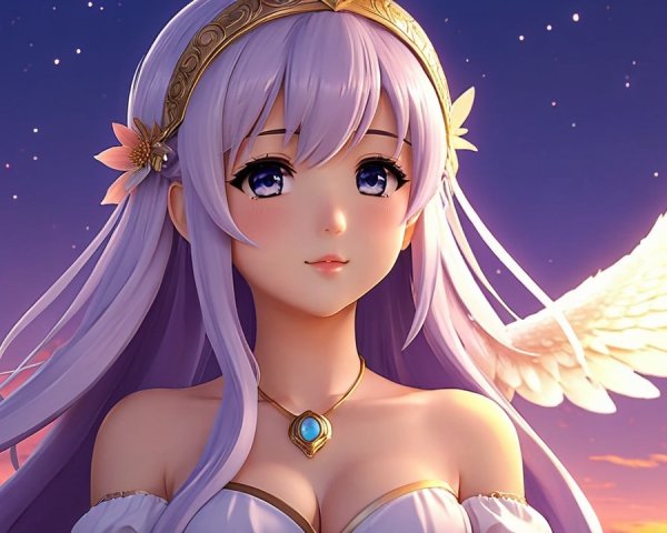 Anime character with lavender hair and white gown