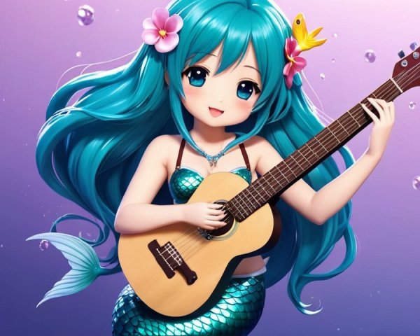 Cartoon Mermaid with Guitar in Whimsical Underwater Scene