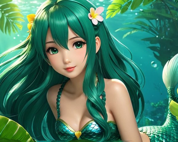 Mermaid with Green Hair in Underwater Scene