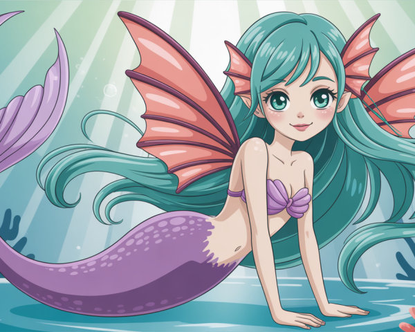 Cute anime mermaid with vibrant features underwater