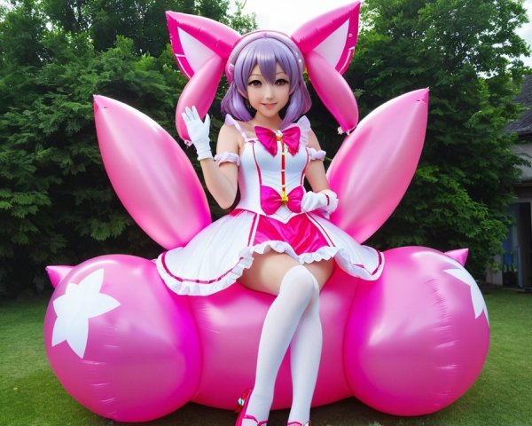 Playful Character in Pink Costume on Inflatable Structure