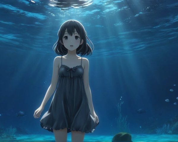 Underwater Scene with Girl in Dark Dress and Fish