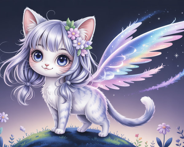 Chibi Cat-Like Creature with Lavender Hair and Flowers