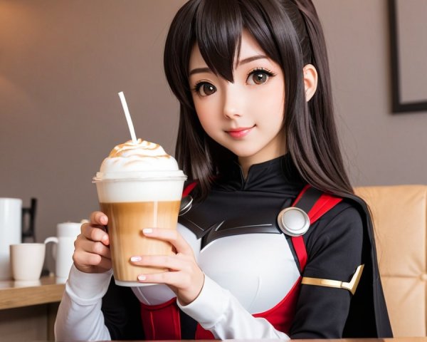 Young woman in superhero outfit at cafe with iced coffee