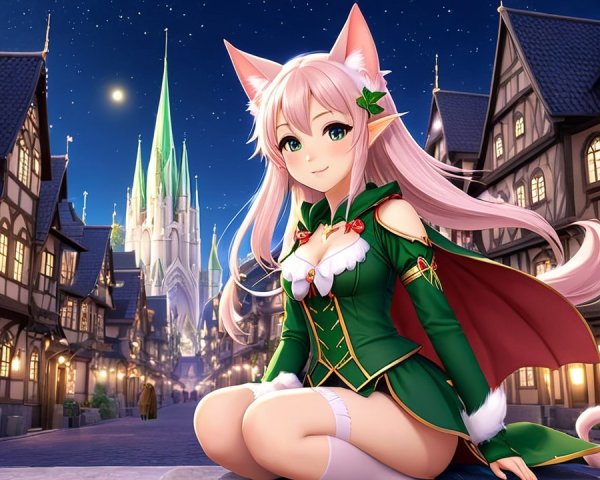 Whimsical Anime Character in Moonlit Medieval Street