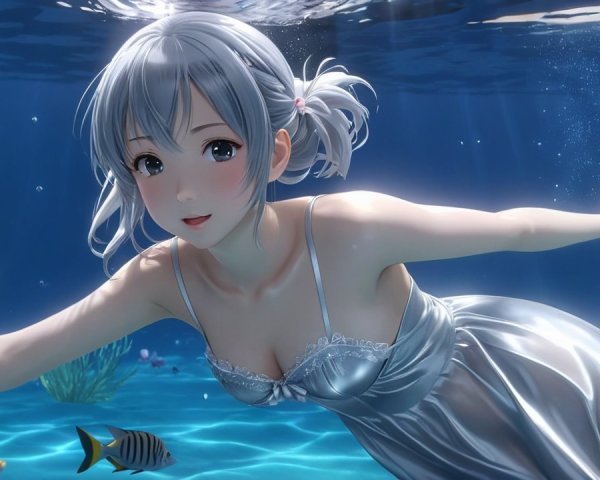 Underwater Scene with Silver-Haired Woman and Fish