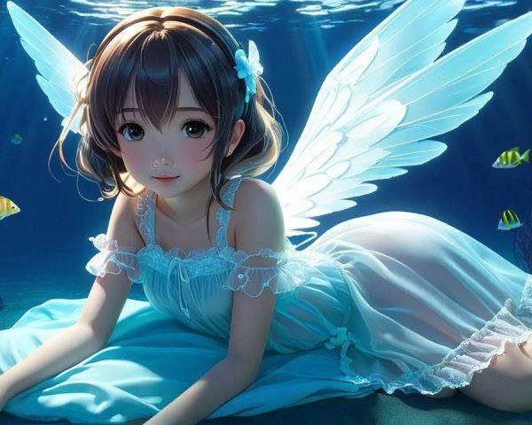 Underwater Scene with Girl and Translucent Wings