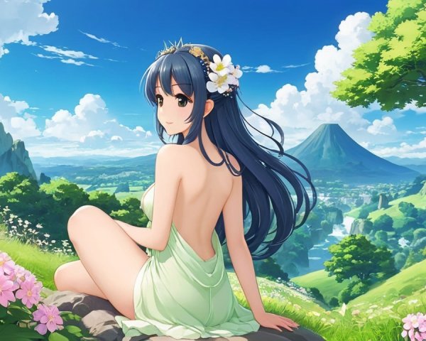 Serene landscape with a woman in a green garment