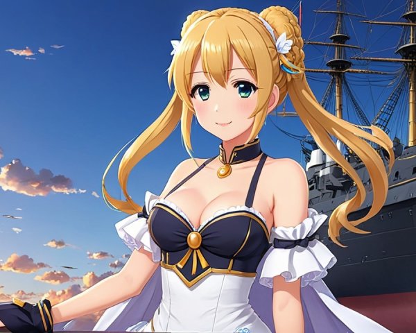 Cheerful anime character at sunset by a ship