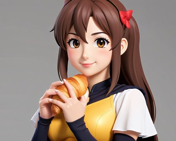 Cheerful anime character with croissant and sporty outfit