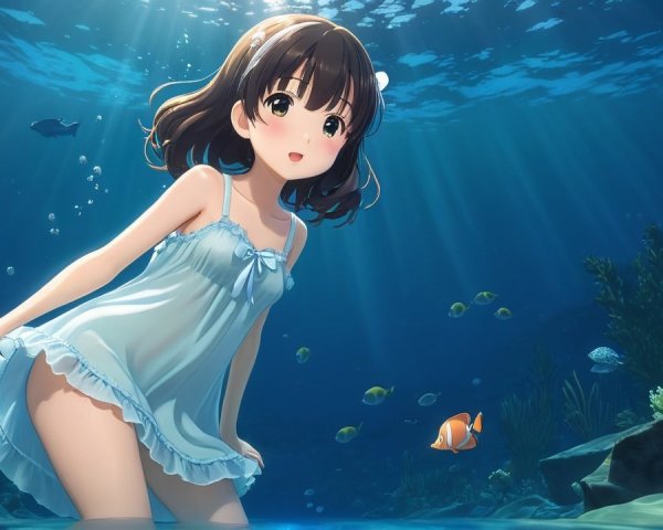 Young girl in light blue dress in vibrant underwater scene