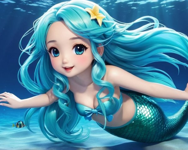 Cartoon Mermaid Swimming in Vibrant Underwater Scene