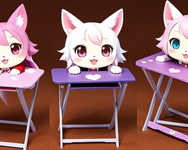 Cartoon Characters with Cat Ears and Colorful Tables