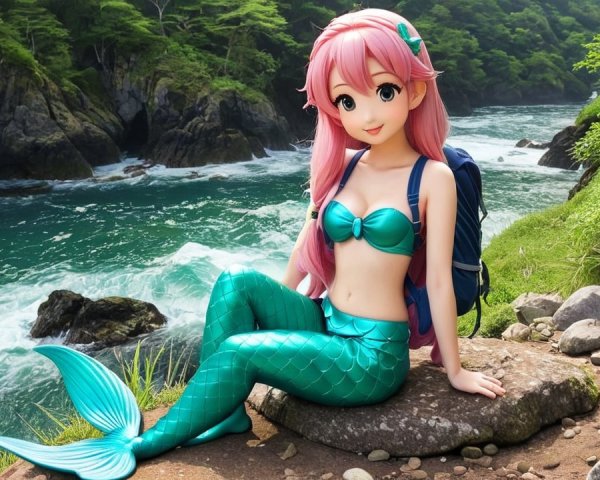 Cheerful Mermaid by Serene River with Pink Hair