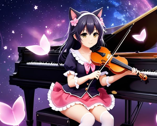 Young girl with cat ears plays violin at piano