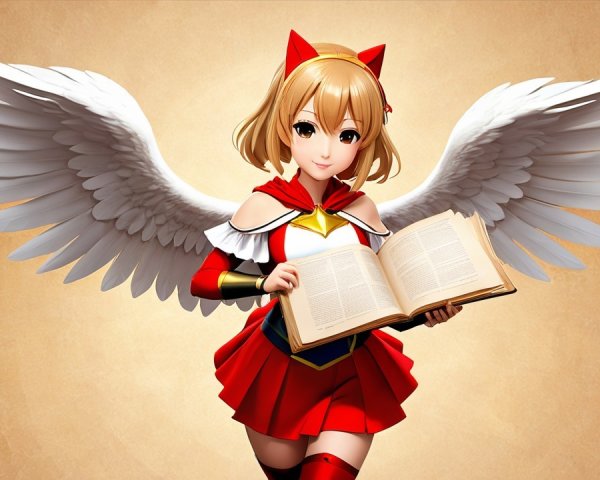 Cheerful anime character with wings and book