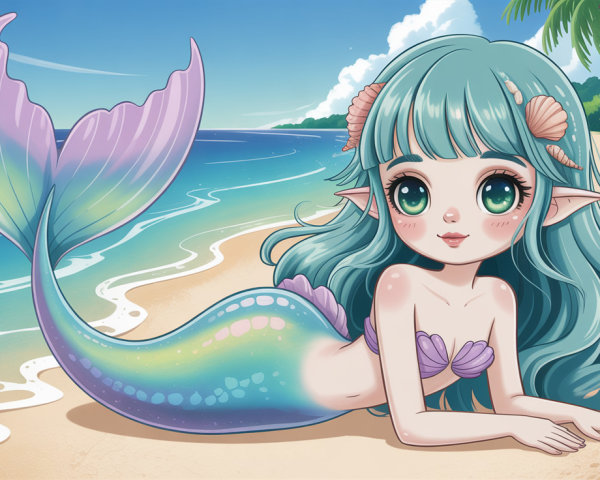 Chibi Anime Mermaid on Sandy Beach with Ocean View