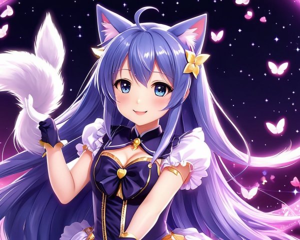 Whimsical Anime Character with Blue Hair and Cat Ears