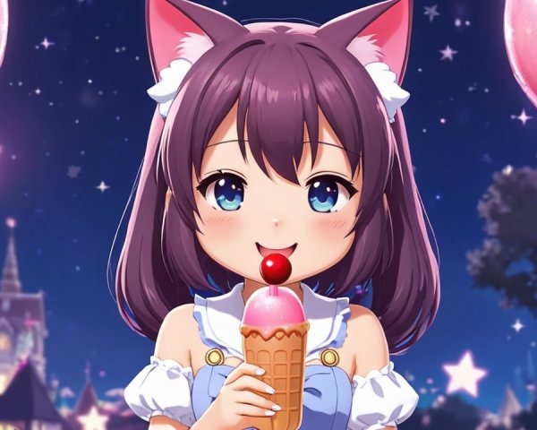 Cute Character with Cat Ears Enjoying Ice Cream at Night